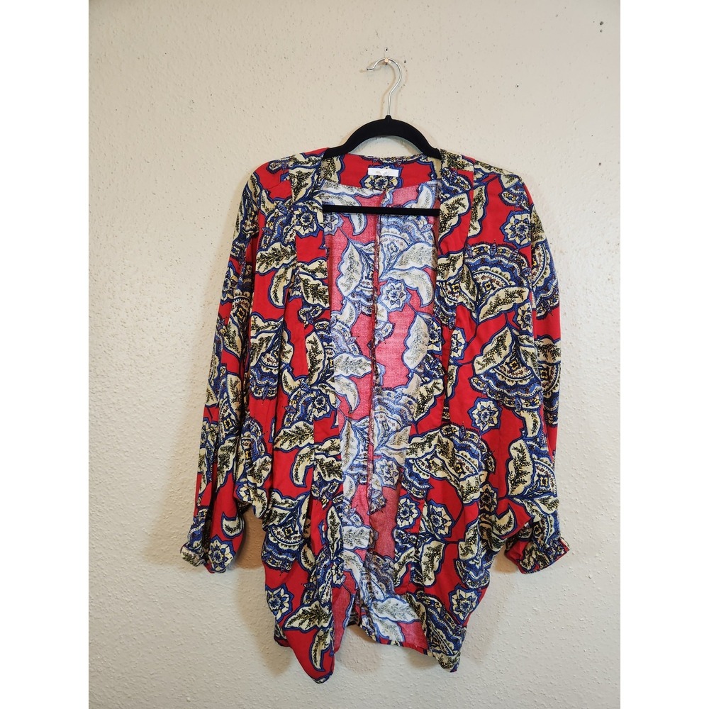 Maurices Womens S/M Red Floral Paisley Kimono Open Front Batwing Sleeve Cardigan